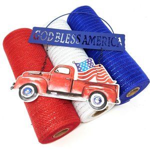 Patriotic DIY Deco Mesh Wreath Kit (10" Ribbon Rolls, Metal Vintage Red Truck)